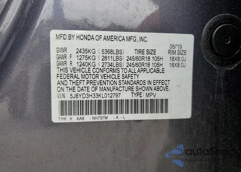 2019 Acura Mdx z USA, uszkodzony, nr VIN 5J8YD3H33KL012797